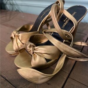 Saint Laurent Gold Foil Leather Knotted Platform Ankle Wrap Sandals